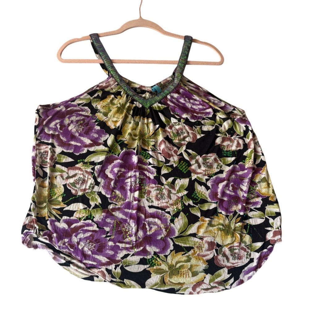 Free People Cami Top Womens Medium Purple Floral Sequin V-Neck Raw Hem Modal